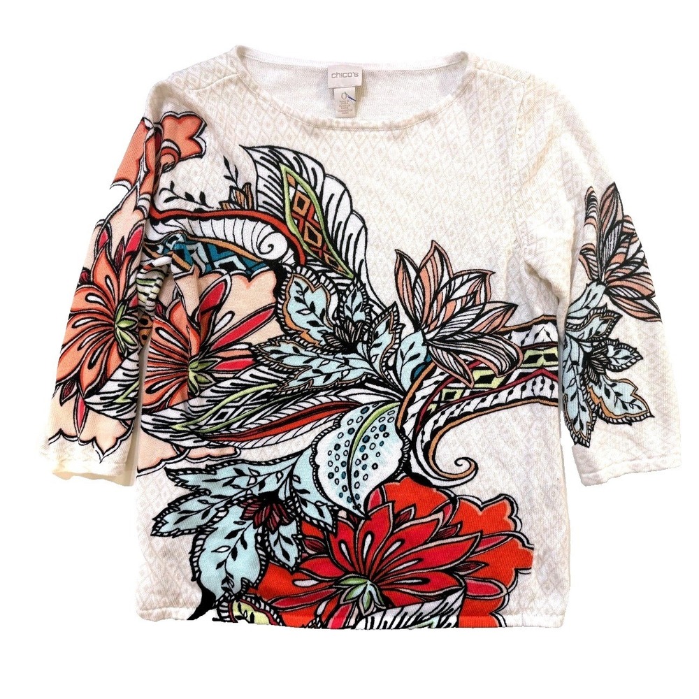 Chico's‎ Top Womens SM Multicolor Botanical Floral Paisley Colorful Coquette AOP